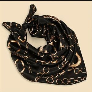 Vintage Chain Print Square Scarf Black & Gold Color  Elegant Satin Neckerchief